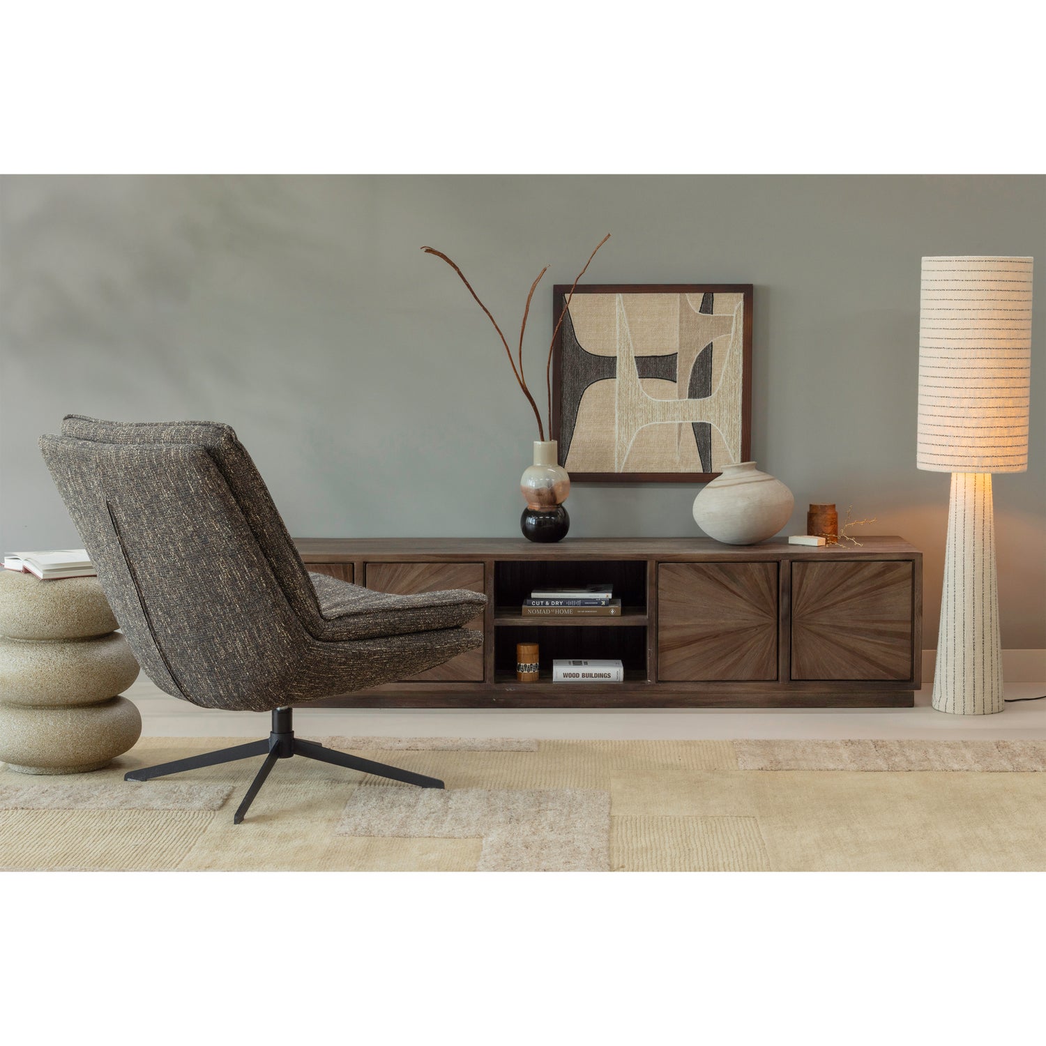 LOFT FLOOR LAMP METAL/BOUCLÉ NATURAL BLACK STRIPES 130xØ30CM - Image 4